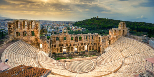 a stone amphitheater at the Acropolis in Athens, Greece